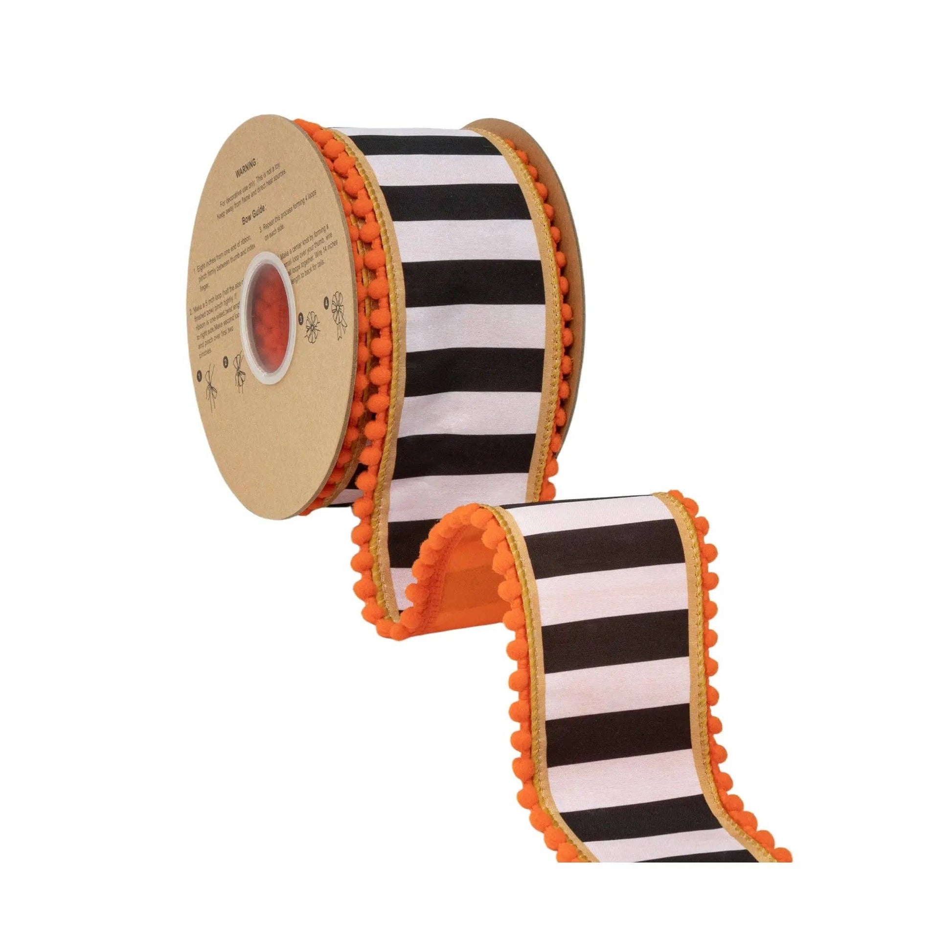 Wired Dupioni Ribbon - Black & White Stripe with Gold Trim & Orange Pom Pom Edge | 2.5" Width | 10 Yard Roll