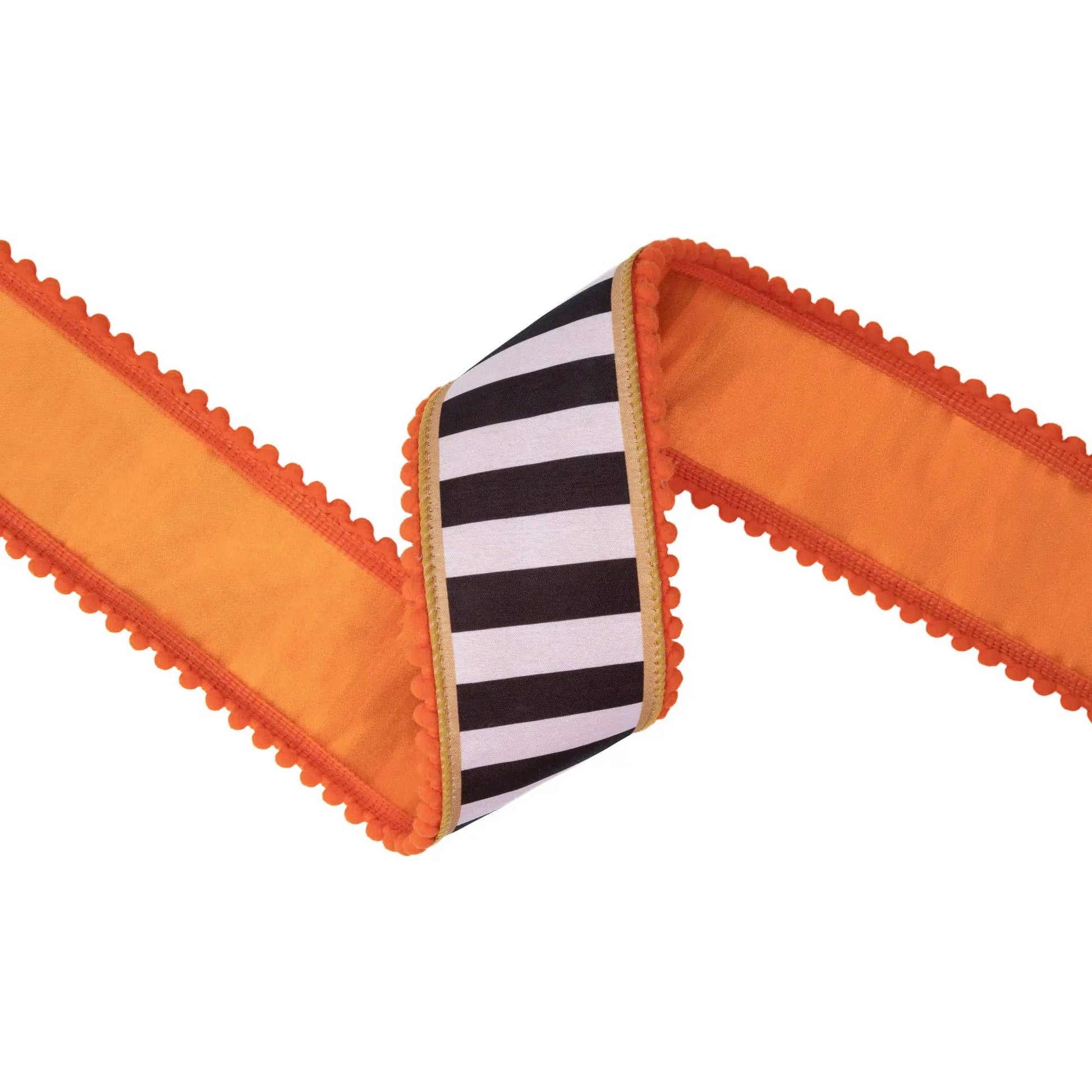 Wired Dupioni Ribbon - Black & White Stripe with Gold Trim & Orange Pom Pom Edge | 2.5" Width | 10 Yard Roll