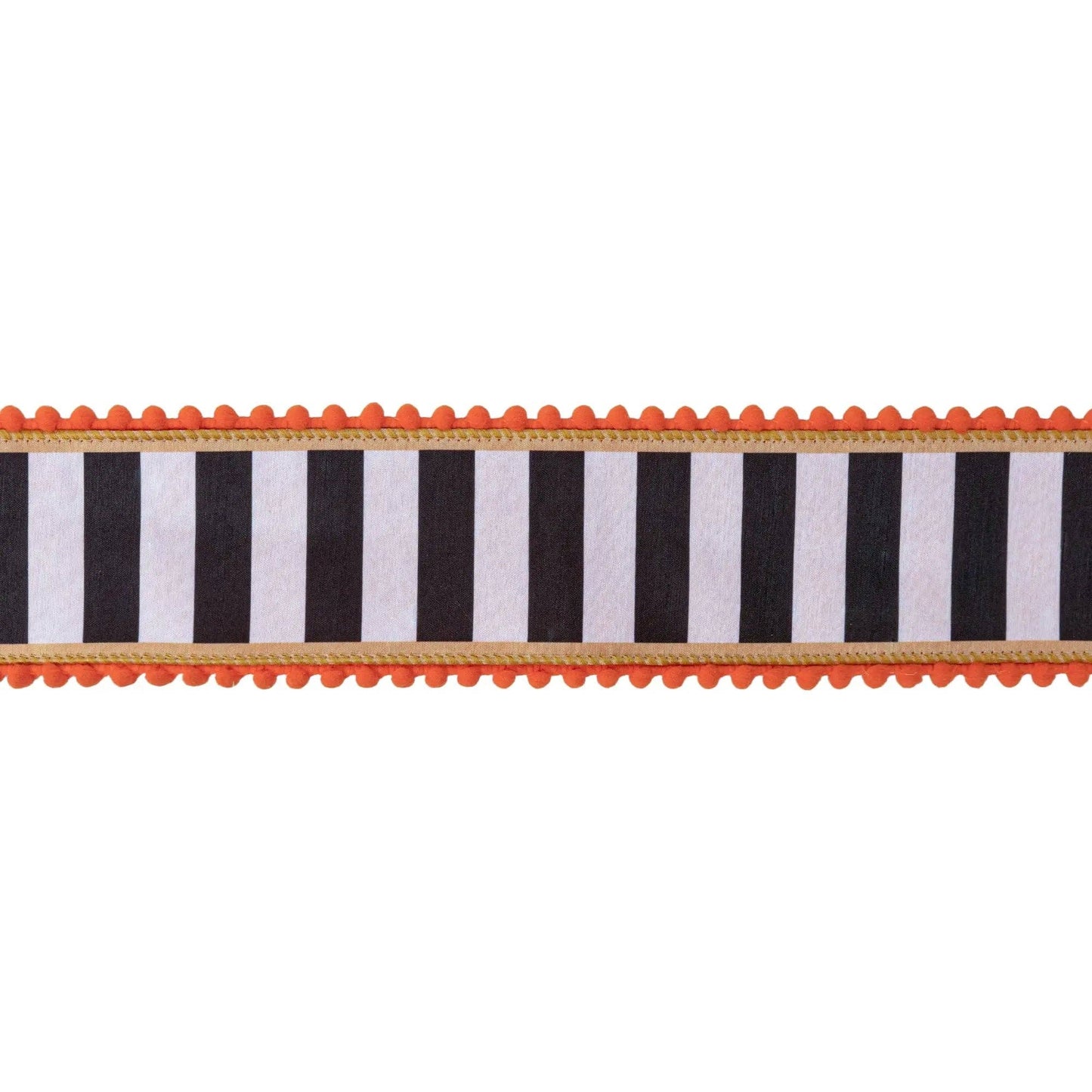 Wired Dupioni Ribbon - Black & White Stripe with Gold Trim & Orange Pom Pom Edge | 2.5" Width | 10 Yard Roll