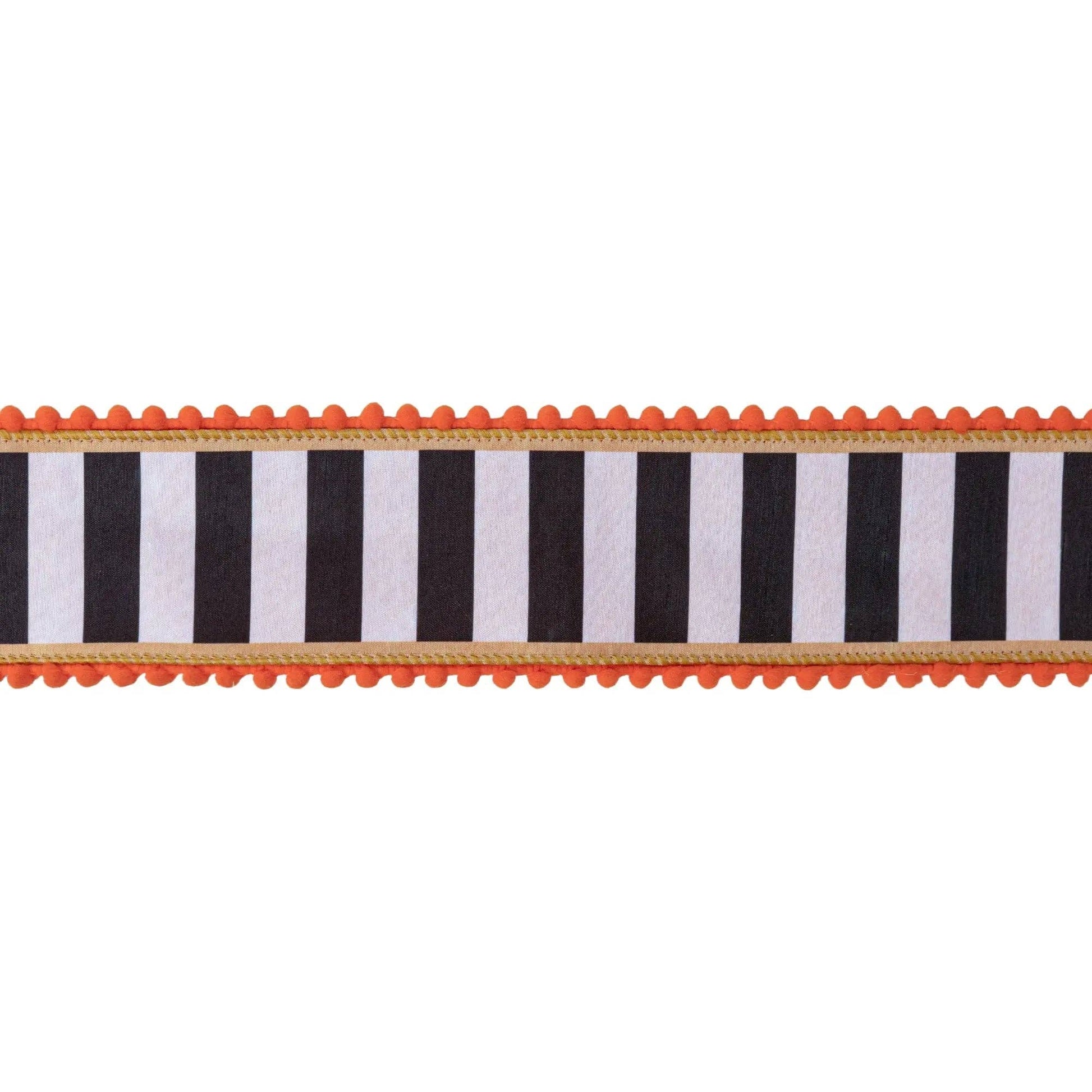 Wired Dupioni Ribbon - Black & White Stripe with Gold Trim & Orange Pom Pom Edge | 2.5" Width | 10 Yard Roll