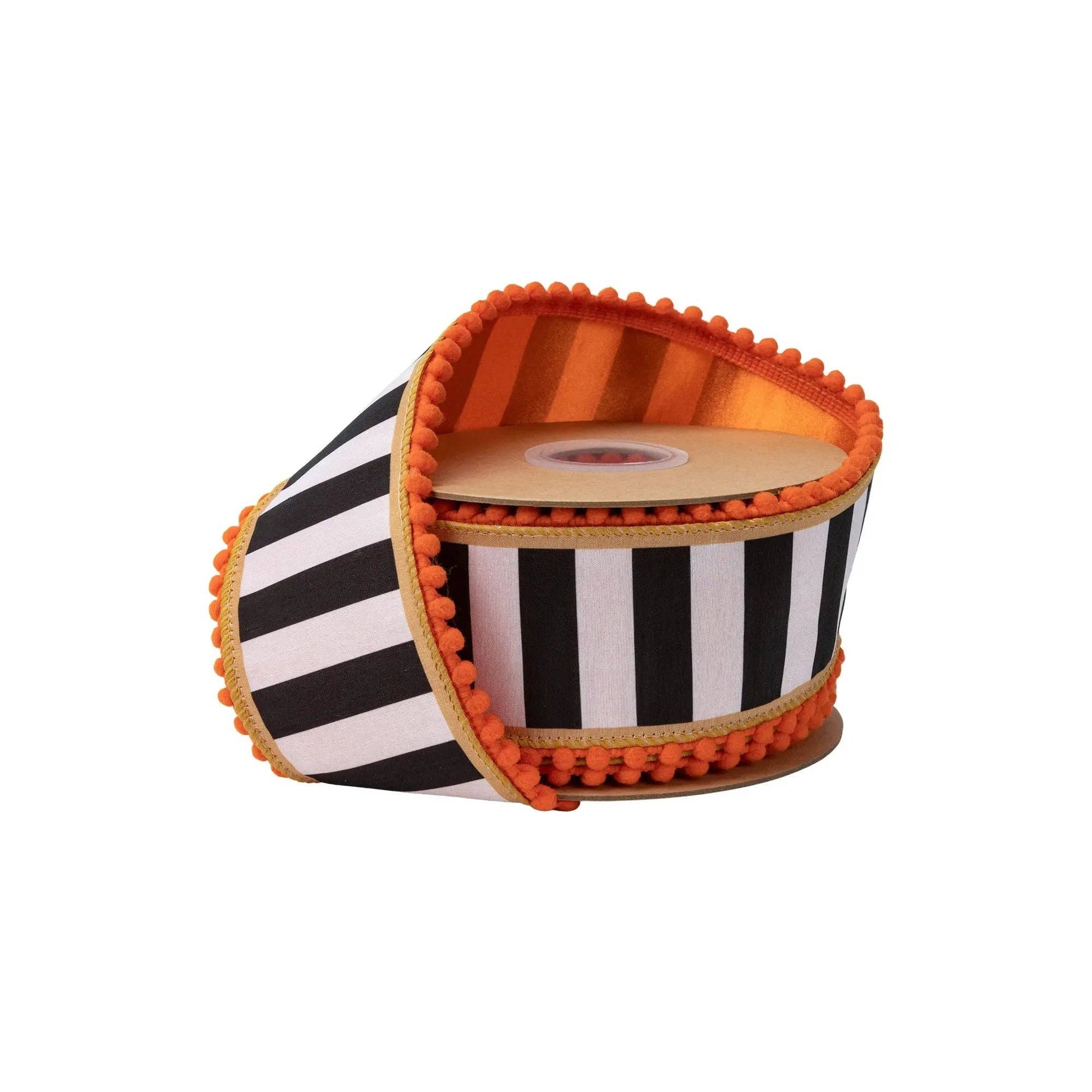 Wired Dupioni Ribbon - Black & White Stripe with Gold Trim & Orange Pom Pom Edge | 2.5" Width | 10 Yard Roll