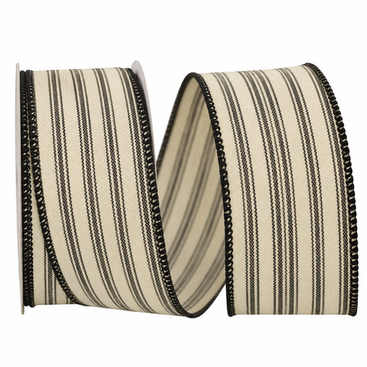 Wired Edge Striped Ribbon - Black | 2.5" Width | 10 Yard Roll