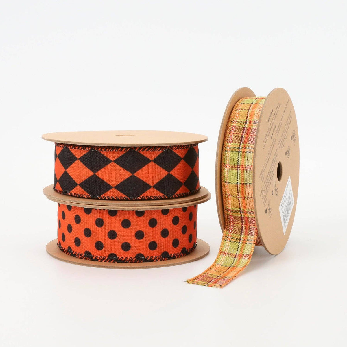 Wired Faux Linen Ribbon - Orange with Black Dots | 1.5" Width | 10 Yard Roll