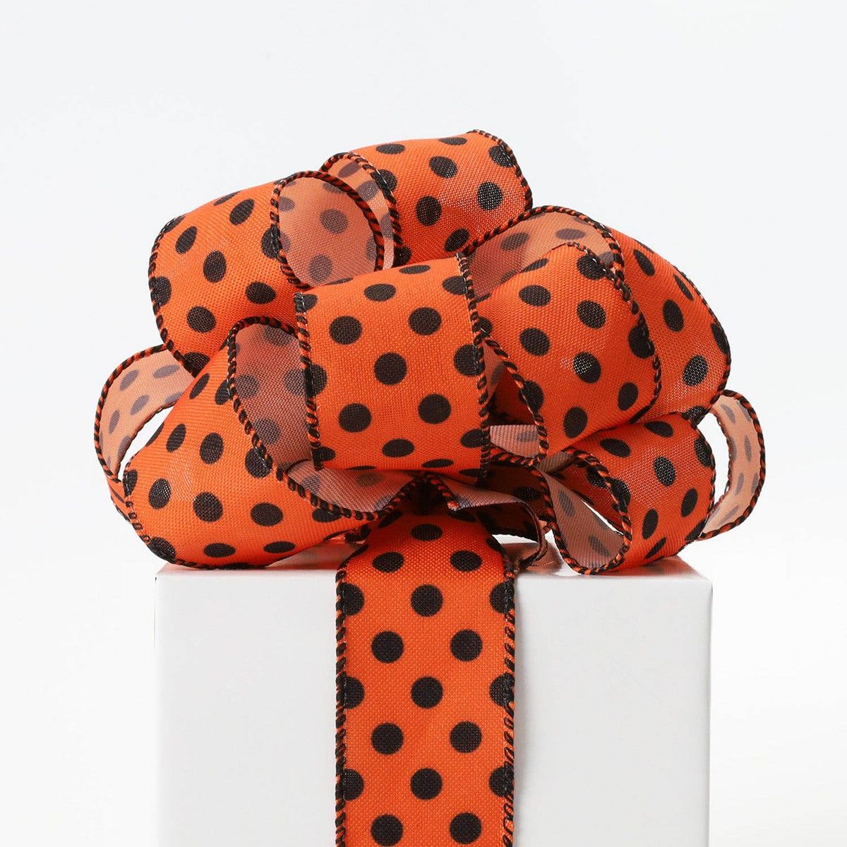 Wired Faux Linen Ribbon - Orange with Black Dots | 1.5" Width | 10 Yard Roll