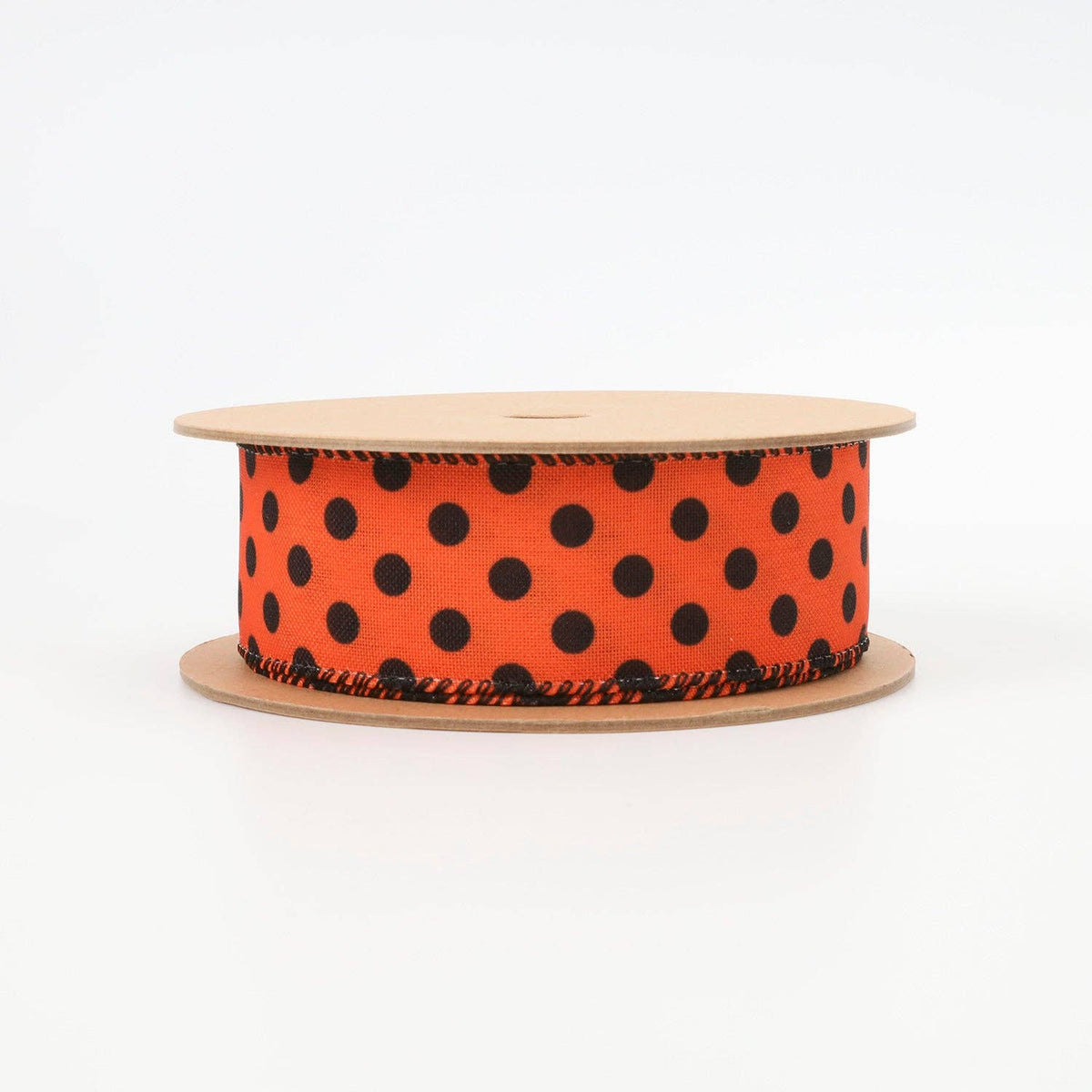 Wired Faux Linen Ribbon - Orange with Black Dots | 1.5" Width | 10 Yard Roll