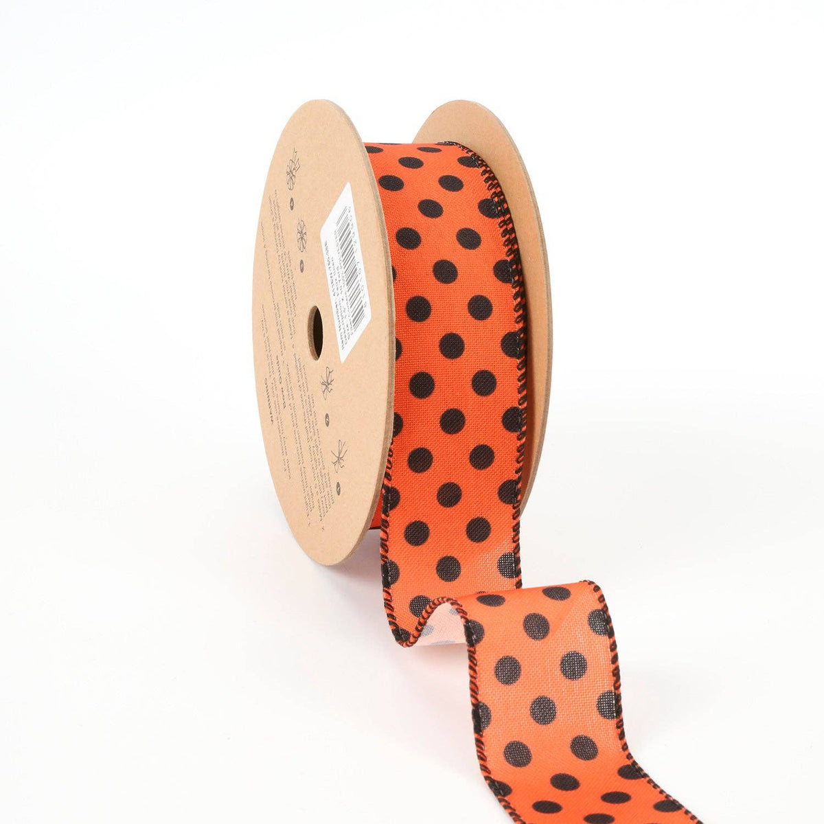 Wired Faux Linen Ribbon - Orange with Black Dots | 1.5" Width | 10 Yard Roll
