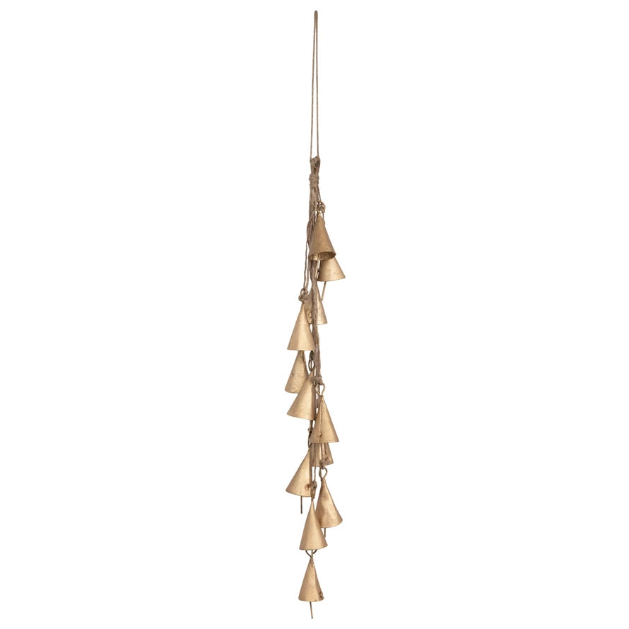 12-1/2"H Hanging Metal Bell Cluster with Jute Rope, Antique Brass Finish