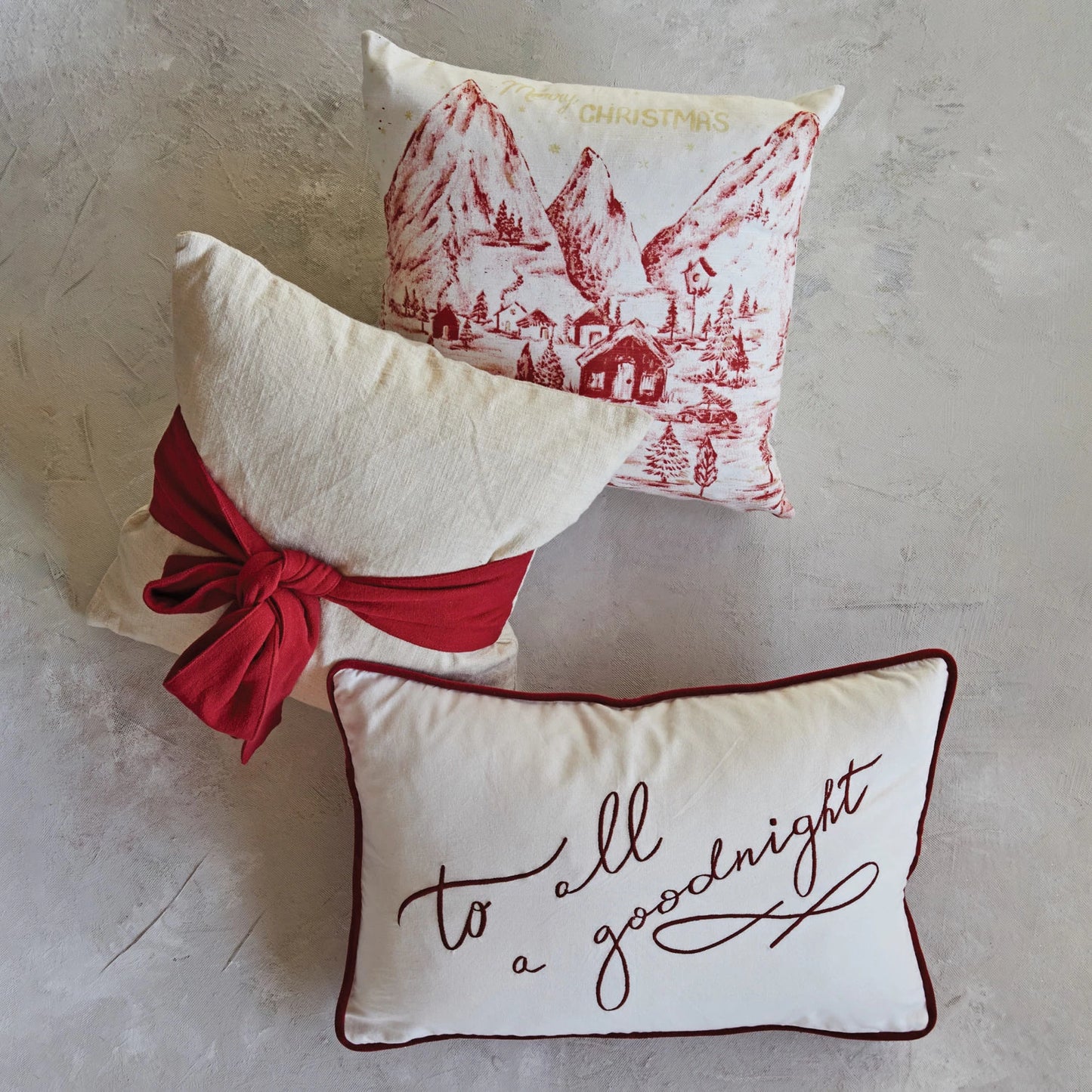 18" Square Hand-Woven Cotton Slub Pillow w/ Bow, Cream Color & Red