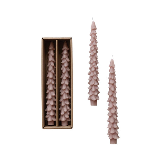 Unscented Tree Shaped Taper Candles in Box, Khaki Color, Set of 2