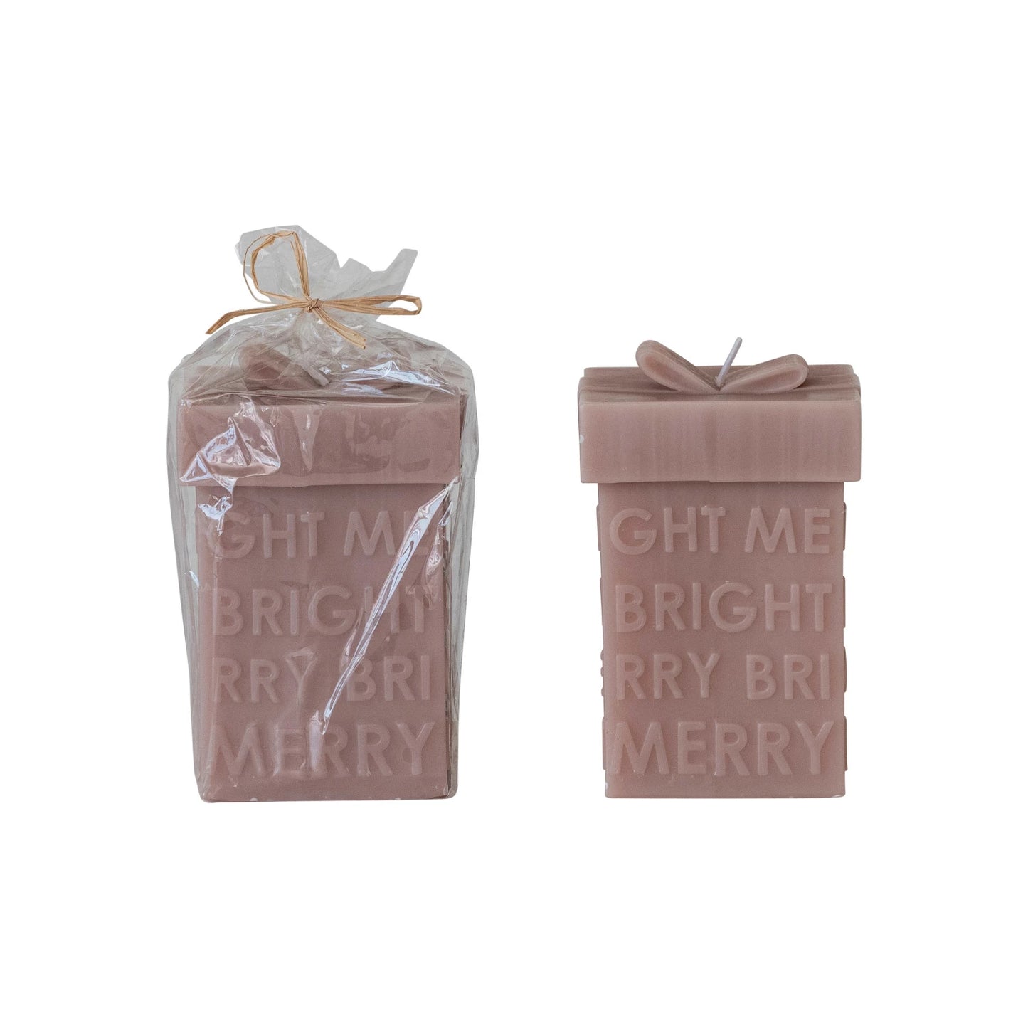 Unscented Gift Box Shaped Candle "Merry/Bright", Khaki Color