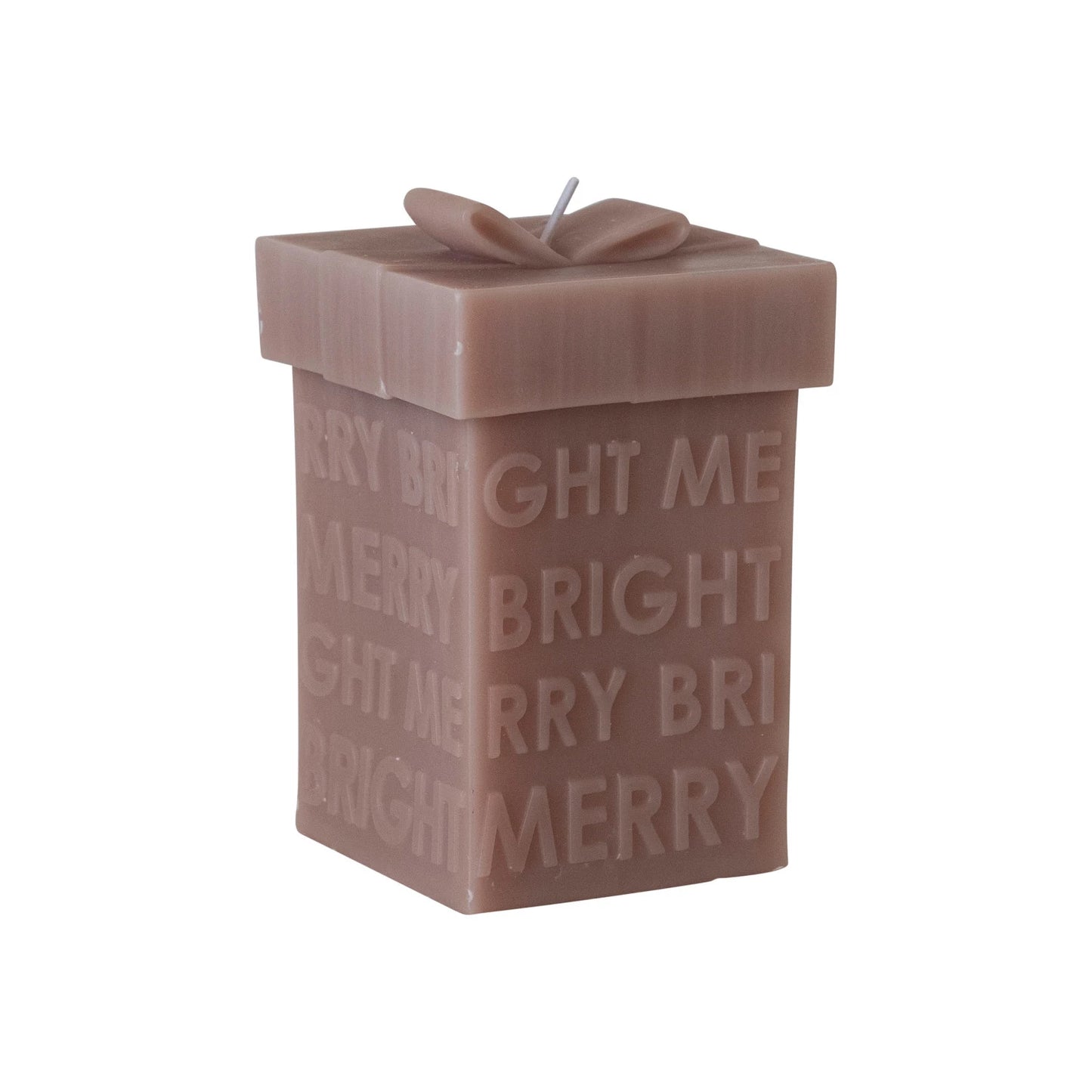 Unscented Gift Box Shaped Candle "Merry/Bright", Khaki Color