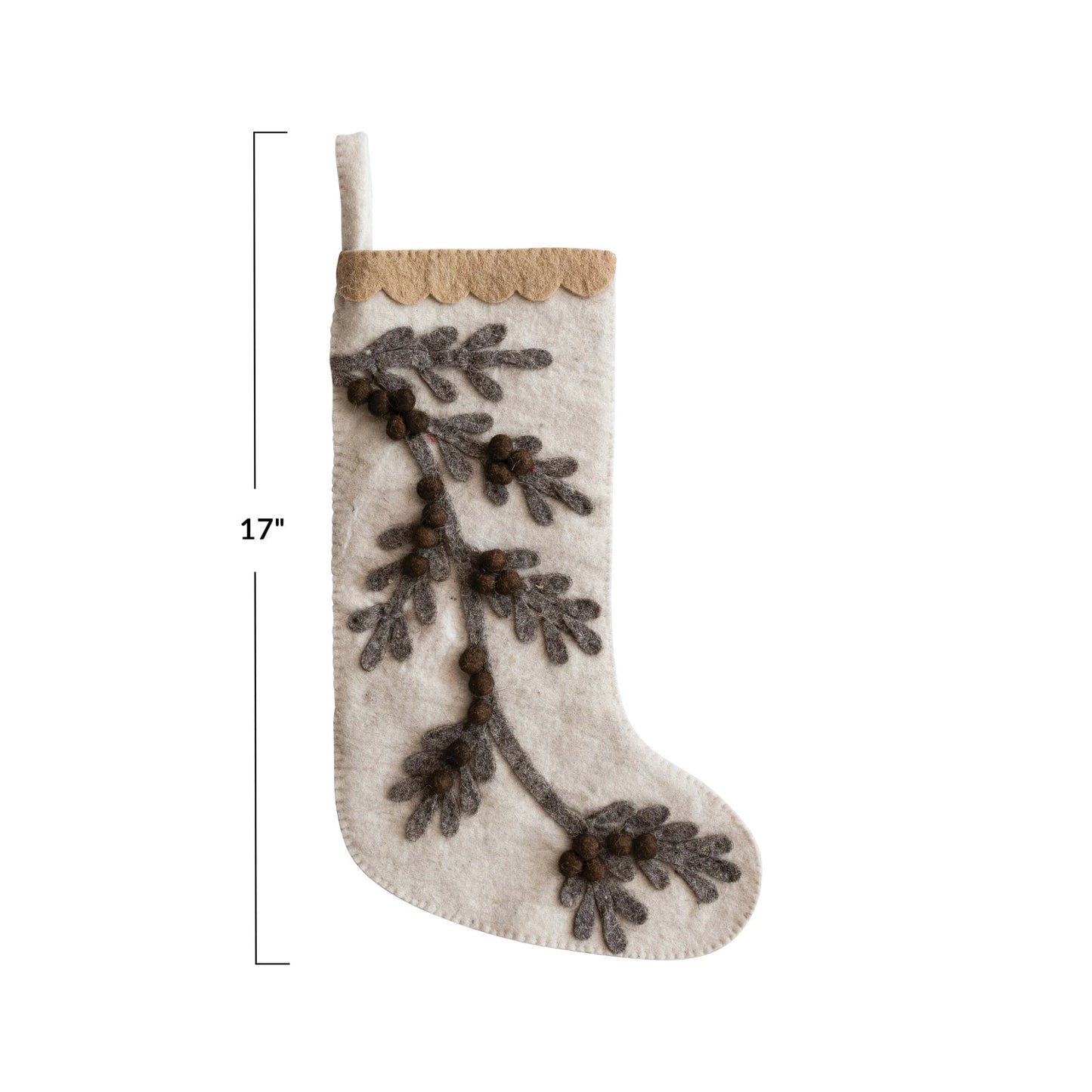 Handmade Wool Felt Stocking w/ Appliqued Branch, Pom Poms & Scalloped Trim