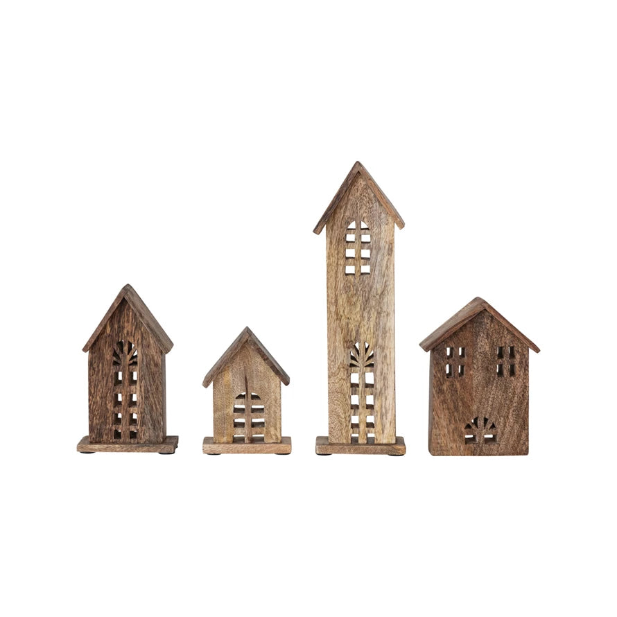 Carved Mango Wood Houses, Natural, Set of 4