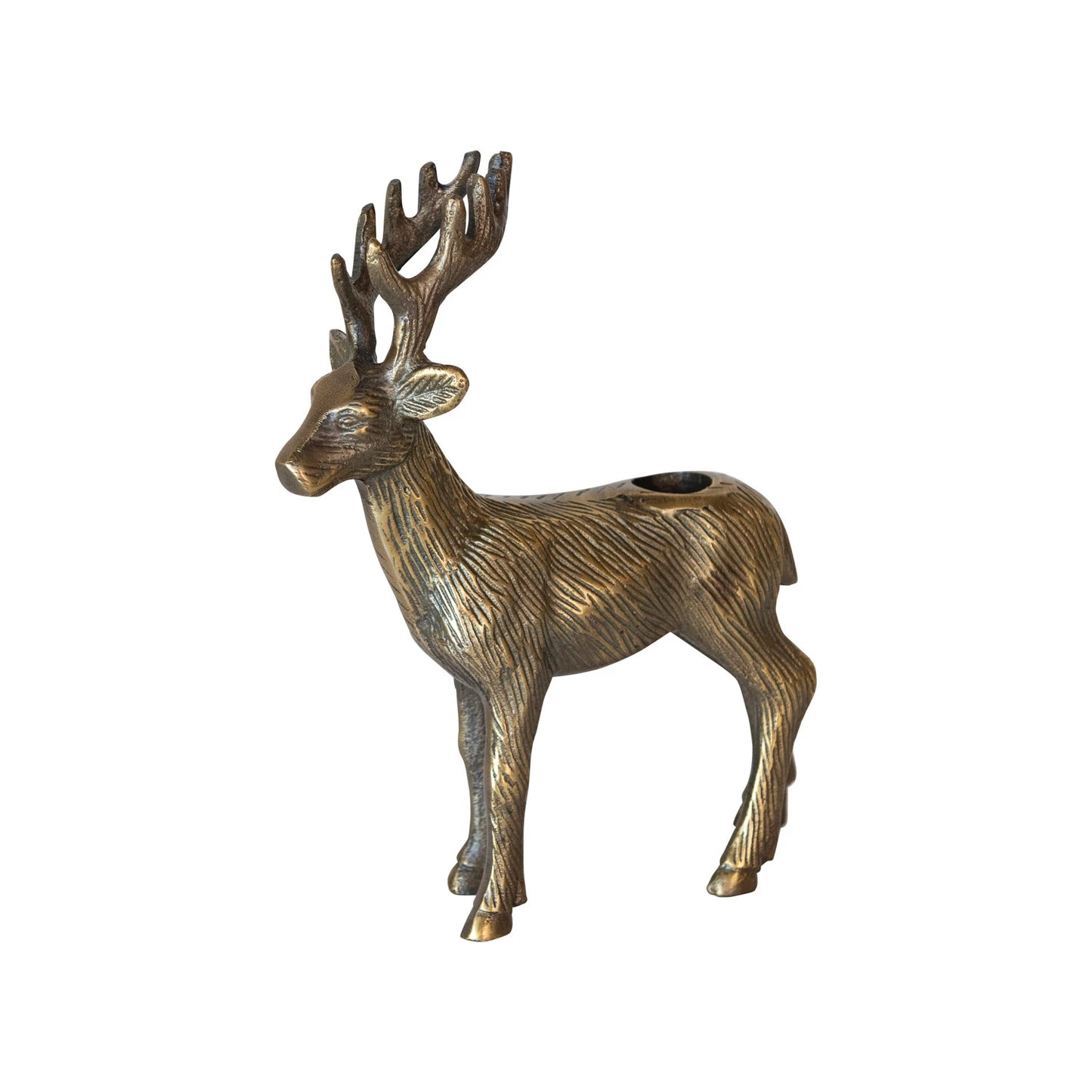 Cast Aluminum Reindeer Taper Holder, Antique Gold Finish