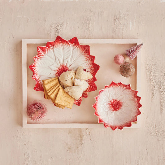 Hand-Painted Stoneware Poinsettia Shaped Bowl, Red & White