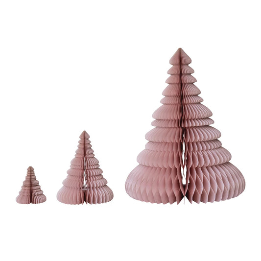 Handmade Soft Pink Folding Honeycomb Trees with Gold Glitter Edges, Pink, Set of 3