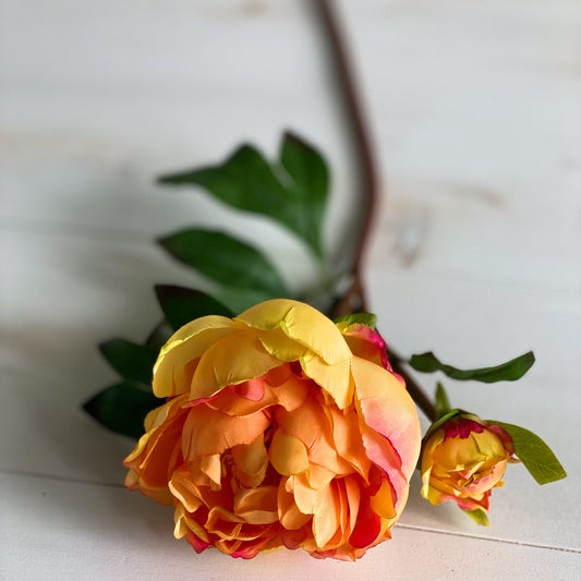 Yellow & Orange Peony Spray 23.5" - Single Stem Artificial Flower